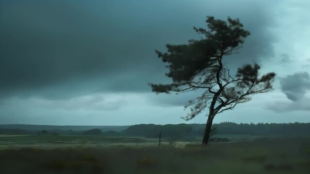 A lone tree stands tall its branches thrashing in the strong winds and rain of a raging thunderstorm.