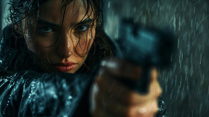 Intense portrait of a female detective in the pouring rain  gun drawn  determination set against the night - obrazy, fototapety, plakaty