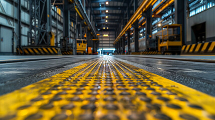 Close up on the textured warehouse floor yellow lines stark against gray guiding the dance of machines and workers - obrazy, fototapety, plakaty