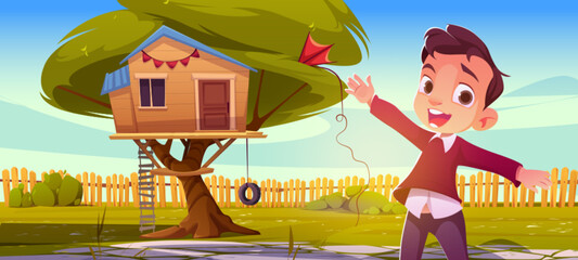 Fototapeta premium Boy, treehouse and swing in garden yard cartoon. Tree house building for children on country backyard. Happy little kid welcome to playing in playground wood cabin with ladder panorama background.