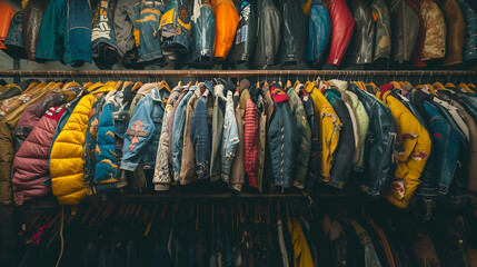 Various vintage jackets on a clothing rack in a second hand shop. AI generated - obrazy, fototapety, plakaty