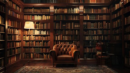 In the reading room or library interior, a leather armchair beckons, surrounded by towering bookshelves and illuminated by the soft glow of a floor lamp, creating an inviting space for literary explor