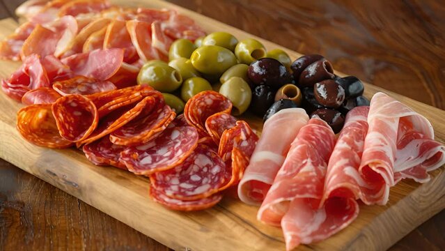 A platter of assorted charerie including prosciutto salami and olives displayed on a rustic wooden serving board.