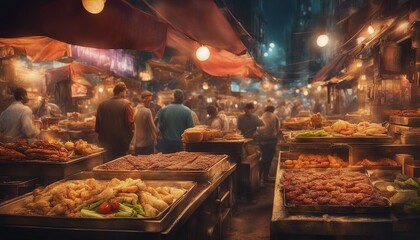 A bustling street food market scene with grilled meats, fried snacks, and fresh veggies under warm...