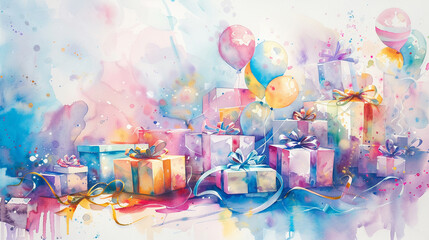 Soft watercolor hues bring to life an array of gift boxes and balloons  their ribbons dancing lightly on a white canvas - obrazy, fototapety, plakaty