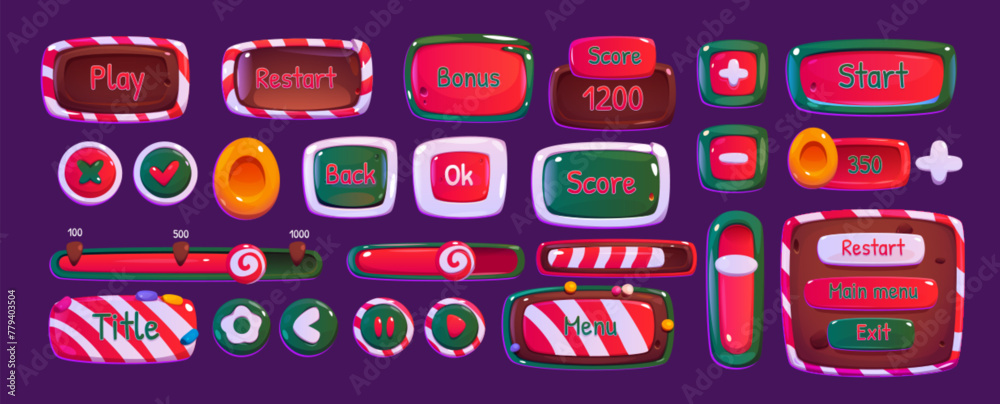 Poster christmas game ui button and frame winter element. candy and cookie play interface gui badge cartoon