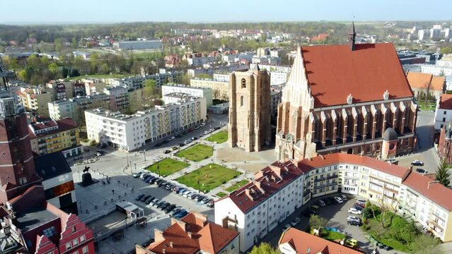 Basilica Minor Of St. Jacob and St. Agnes In Nysa City, Southern Poland. Aerial Drone Shot