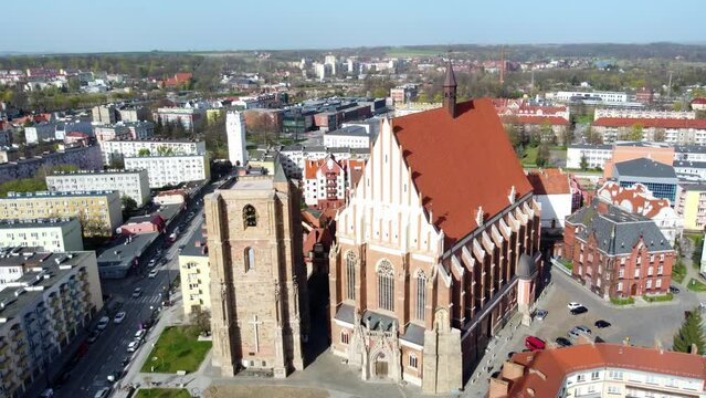 Pullback On The Basilica of St. Jacob and St. Agnes In The City Of Nysa, Southern Poland. Aerial Shot
