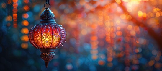 A macro photography shot of an electric blue lantern hanging from a tree at night, serving as a beautiful Christmas ornament for the event - obrazy, fototapety, plakaty