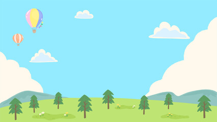 Blue sky and hot air balloon, refreshing grassland, landscape background frame, simple hand drawn illustration / 青空と熱気球、さわやかな草原、風景の背景フレーム、シンプルな手描きのイラスト