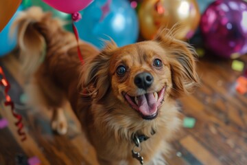 Dog in happy birthday party New year birthday Christmas holidays celebration for card poster cover background