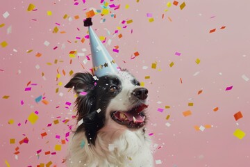 Happy cute dog in party hat celebrating birthday with falling confetti, New year birthday Christmas holidays celebration for card poster cover background