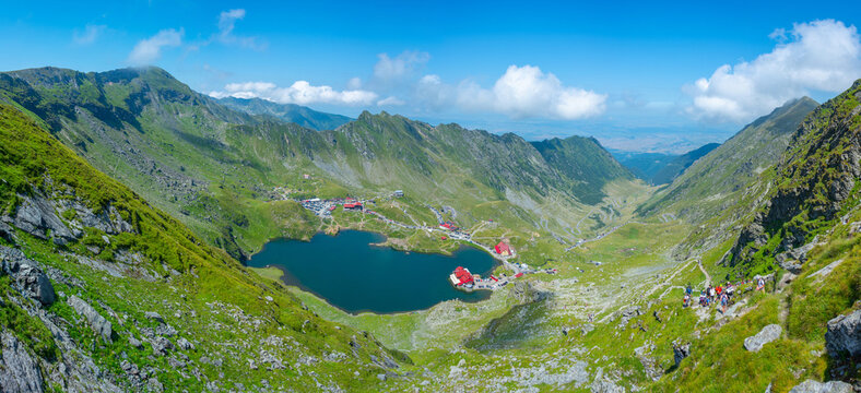 Transfagarasan road and balea lake viewed during a sunny day in summer, Romania