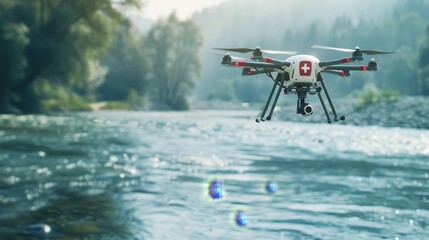 A medical drone flies swiftly over a river, equipped for rescue, capturing the urgency of emergency situations in moving patients to safety