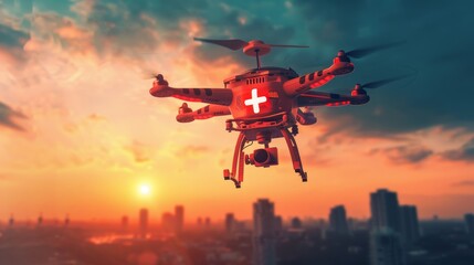 A medical drone swiftly navigating through the sky, equipped for rescue in emergency situations, hurrying to aid an accident patient - obrazy, fototapety, plakaty