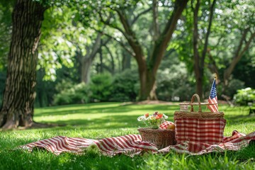 Picnic basket with American flag on a sunny park lawn.