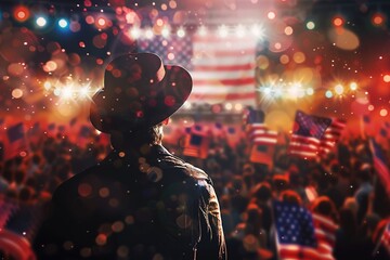 Man in a cowboy hat looks towards a sea of American flags. - obrazy, fototapety, plakaty