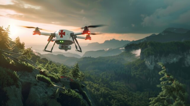 Medical drone soaring over landscapes, equipped for rescue in emergency situations, showcasing rapid patient transport capabilities