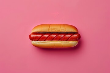 Grilled hot dog on a pink background with space for text.