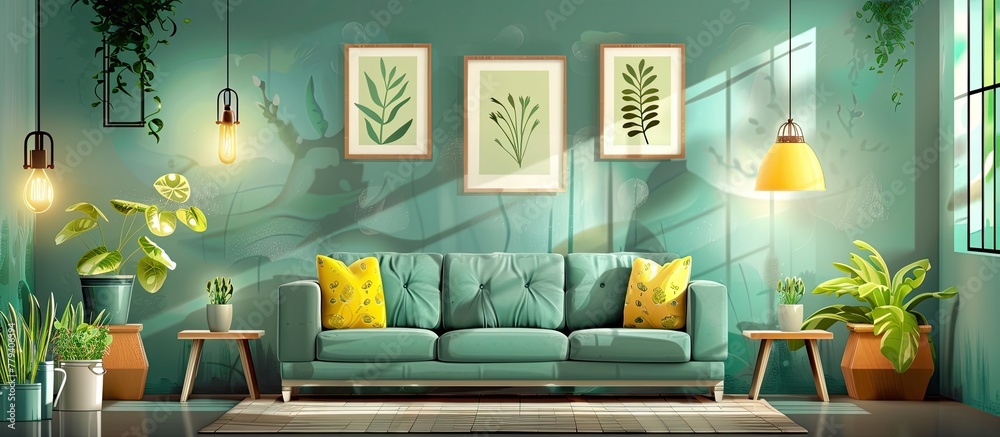 Poster a room with a blue studio couch, yellow pillows, plants, and a window. the modern facade building ov