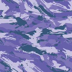 Camouflage modern fashion design. Hand drawn violet camo with brush strokes. Purple shade color, fashionable, fabric. Seamless grunge pattern. Vector	 - 779406303