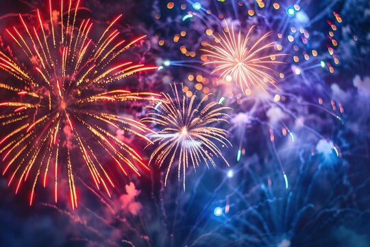 Vibrant fireworks light up the night sky in celebration.