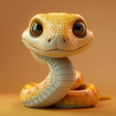 A cute cartoon baby snake with a big smile on its face. The snake is yellow and brown and has a long body. 3d render style, children cartoon animation style
