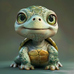 Fototapeta premium A cute cartoon baby turtle with a smile on its face. The turtle is sitting on a green surface. The image has a playful and lighthearted mood. 3d render style, children cartoon animation style