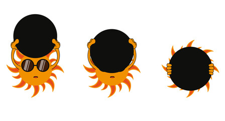 Total Eclipse of the Sun with funny Kawaii Sun character. The Stages of Solar Eclipse isolated white background. Cartoonish Vector aesthetic. - obrazy, fototapety, plakaty