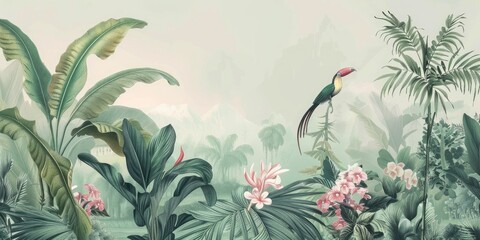 wallpaper jungle and leaves tropical forest birds old drawing vintage - generative ai - obrazy, fototapety, plakaty