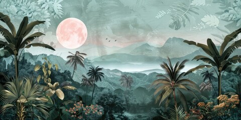 Obraz na płótnie Canvas wallpaper jungle and leaves tropical forest birds old drawing vintage - generative ai