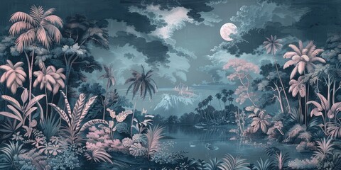 wallpaper jungle and leaves tropical forest birds old drawing vintage - generative ai