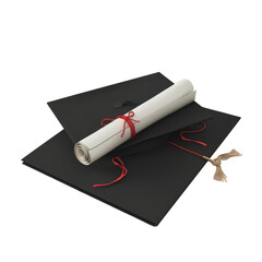 Mortar board and diploma isolated on white background