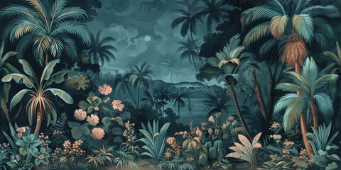 wallpaper jungle and leaves tropical forest birds old drawing vintage - generative ai