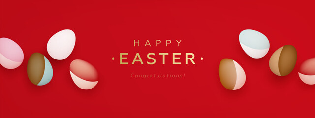 Happy easter horizontal greeting card or web banner with realistic 3d easter eggs and golden text on red background. Festive elegant wallpaper. Vector illustrations