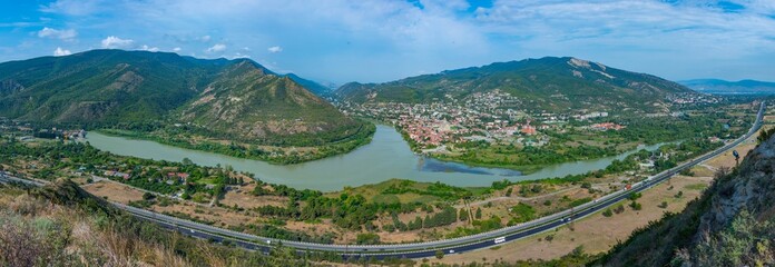 Panorama view of Mtskheta at confluence of Mtkvari and Kura rivers in Georgia © dudlajzov