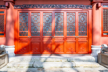 Red lacquer lattice door of ancient Chinese garden architecture