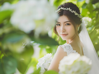 紫陽花に囲まれた幸せなジューンブライドのアジア人女性