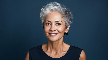 Elegant, smiling elderly, chic latino, Spain woman with gray hair and perfect skin, blue background banner.