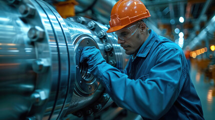 A worker is installing tightening bolts and nuts for a piping flange system in an industrial plant.