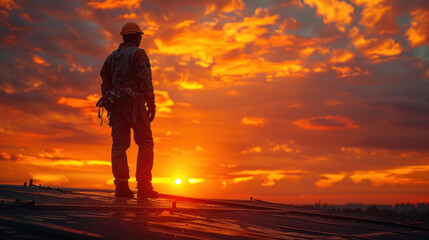 Construction worker in charge of roof structure construction on-site with a scenic sunset.