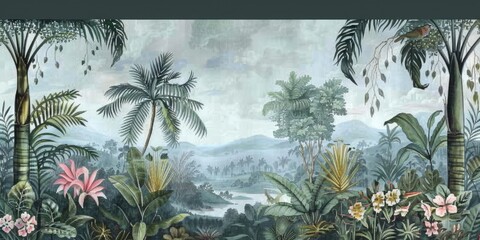 wallpaper jungle and leaves tropical forest birds old drawing vintage - generative ai	
