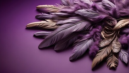 Purple backdrop with feathers, ideal for a Mardi Gras celebration or design with copy space.