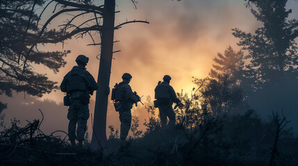 Soldiers standing together in an outdoor landscape against the sunset - soldier silhouette, team unity, military formation. - obrazy, fototapety, plakaty