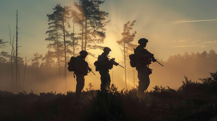 Soldiers standing together in an outdoor landscape against the sunset - soldier silhouette, team unity, military formation. - obrazy, fototapety, plakaty