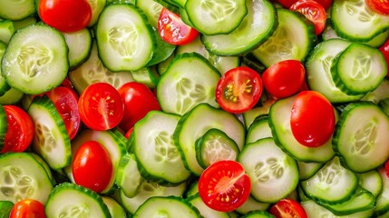 A close-up image of a cucumber and tomato salad, with the frame densely packed with sliced cucumbers and halved cherry tomatoes