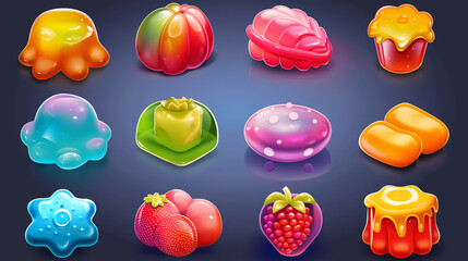 Jelly and Candies set icons on dark background, Illustration.