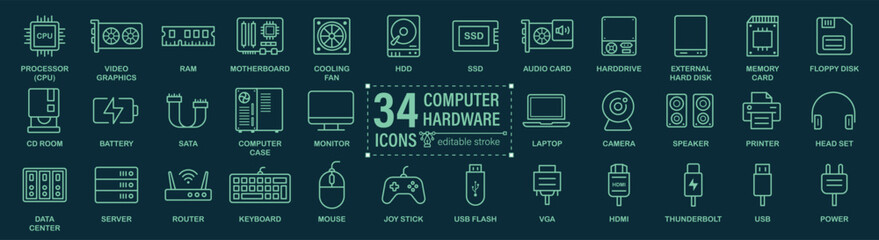 Computer hardware icon set. Computer components icons containing monitor, server, cpu, hard drive, ram, webcam, printer and more. Solid Vector collection of icons. - obrazy, fototapety, plakaty
