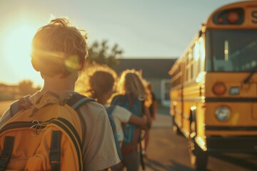 A group of children are standing in front of a yellow school bus