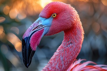 Obraz premium Captivating close-up of a flamingo showcasing vibrant pink feathers and striking details at sunset in a tranquil natural setting